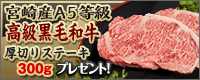 宮崎産A5等級高級黒毛和牛厚切りステーキ300gプレゼント！
